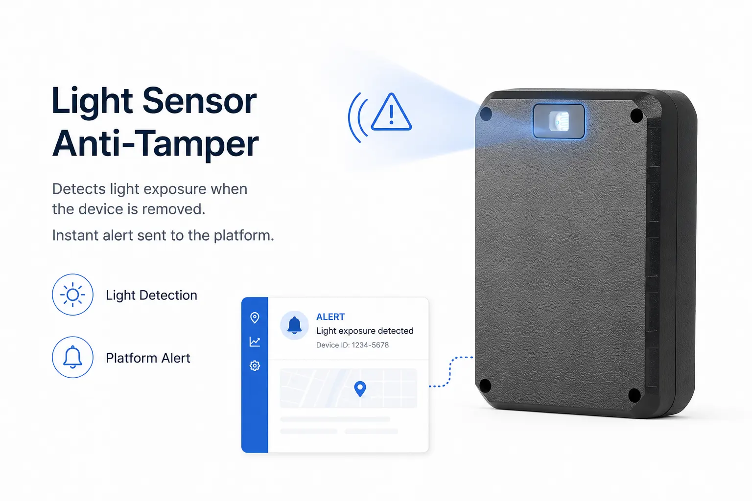 Light Sensor Anti-Tamper device detecting light exposure and sending an instant alert to a monitoring platform
