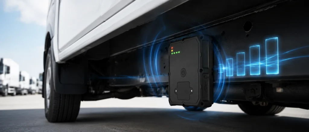 Underbody vehicle tracking device with wireless signal and battery indicators