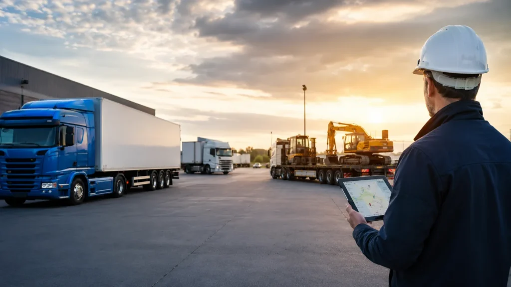 Worker in a hard hat checks a tablet while trucks and heavy equipment wait in a logistics yard at sunset