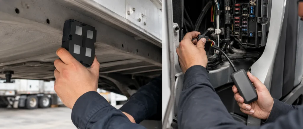 Technician using a diagnostic scanner to inspect a truck’s wiring and electrical system