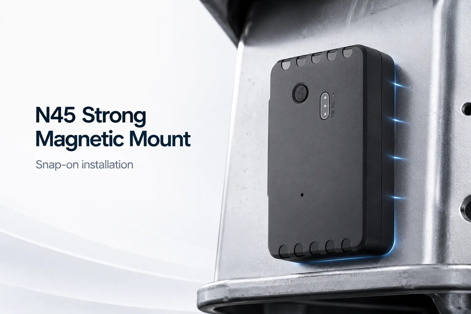 Black device magnetically attached to a metal surface, featuring an N45 Strong Magnetic Mount for snap-on installation