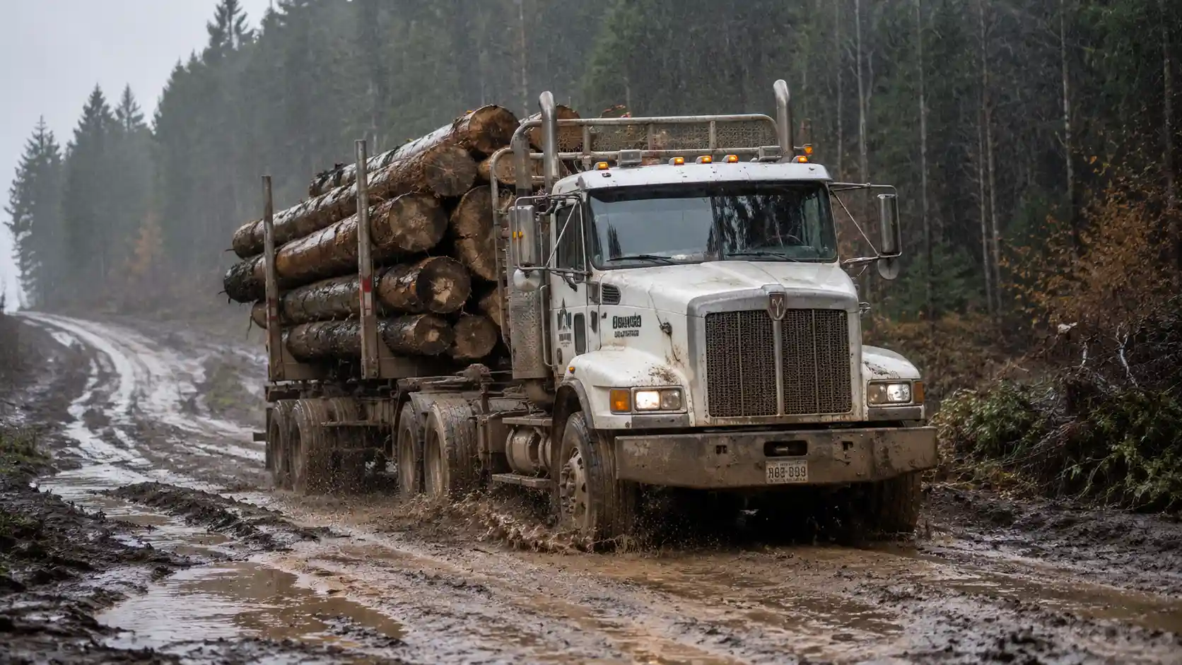 Logging truck hauling logs through a muddy forest road
