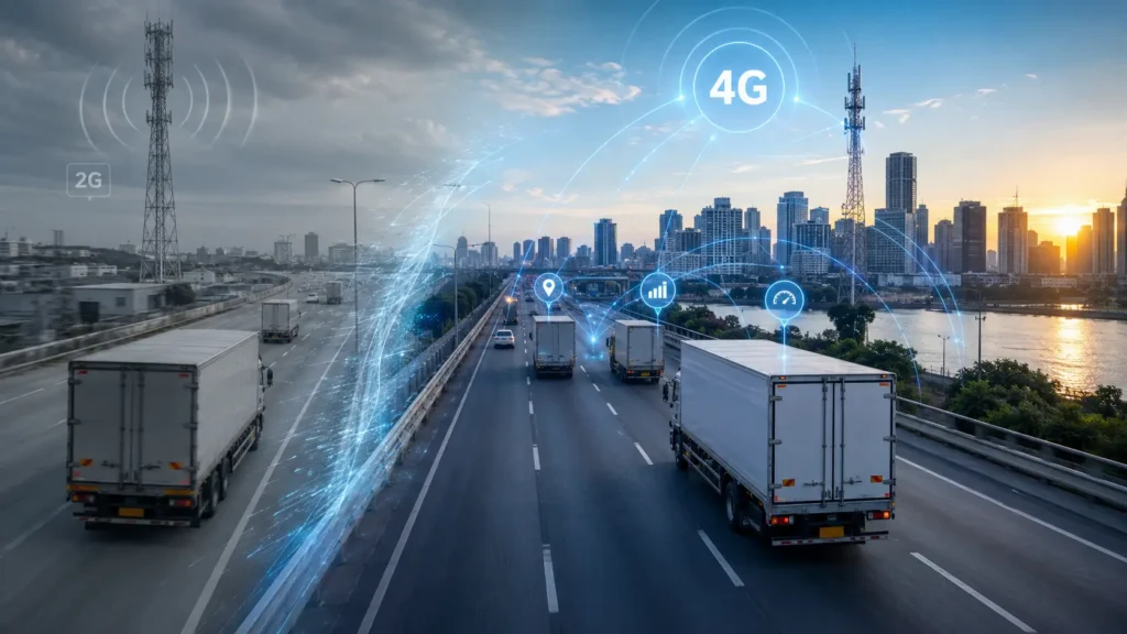 Trucks on a highway with 2G and 4G network graphics over a city skyline at sunset