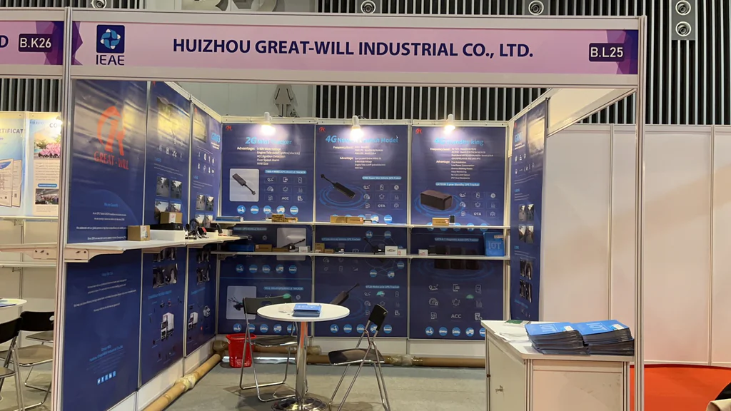 Trade show booth for Huizhou Great-Will Industrial Co., Ltd. with blue product displays and tables