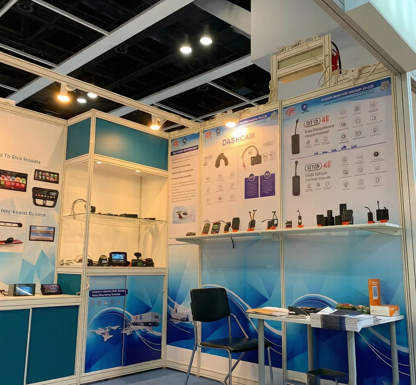Trade show booth displaying dash cams, walkie-talkies, and related accessories on shelves and posters