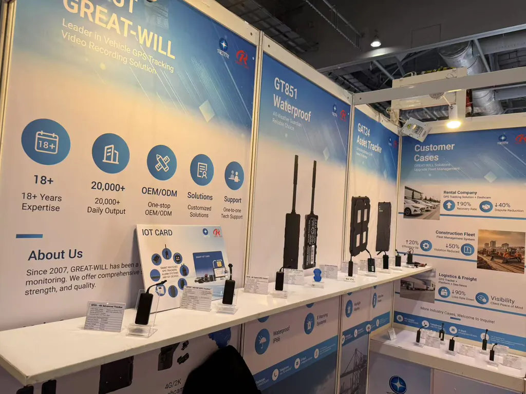 GREAT-WILL trade show booth displaying GPS trackers and vehicle monitoring solutions