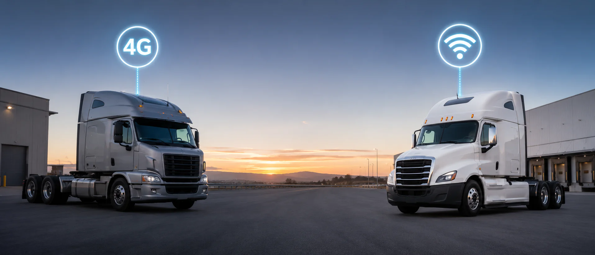 Two semi trucks in a warehouse lot at sunset with 4G and Wi-Fi icons above them