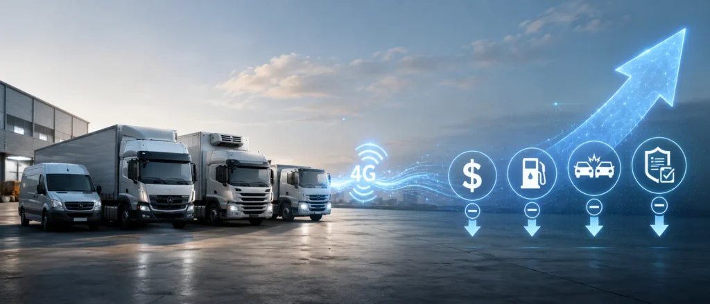 Fleet trucks with 4G tracking icons for lower costs, fuel use, accidents, and compliance