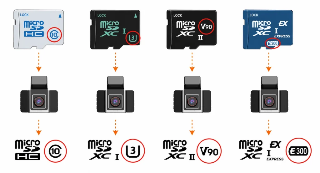 Comparison of microSD card speed class labels: Class 10, U3, V90, and EX E300