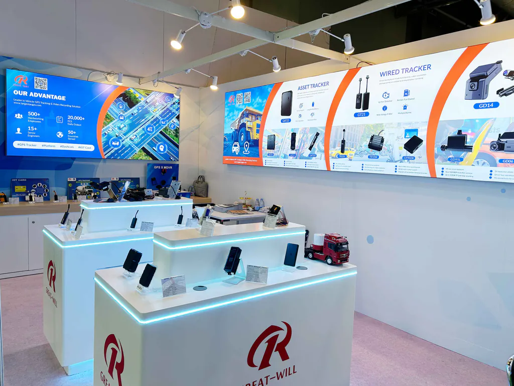 GREAT-WILL trade show booth displaying GPS tracking devices and asset and wired tracker products