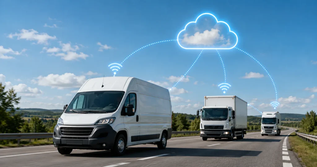 Delivery vans and trucks traveling on a highway, connected to a cloud-based fleet management system