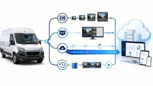 Infographic showing a vehicle camera system capturing road video, transmitting it to the cloud, and displaying route analytics