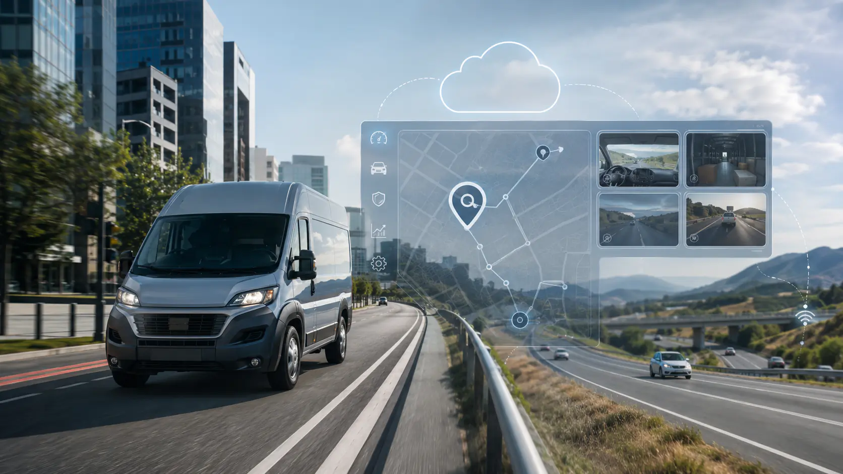 Delivery van on a highway with a digital map, route tracking, and vehicle monitoring interface overlaid