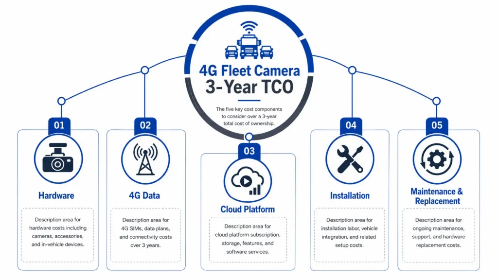 Five key components of a 4G fleet camera’s three-year total cost of ownership: hardware, data, cloud platform, installation, and maintenance