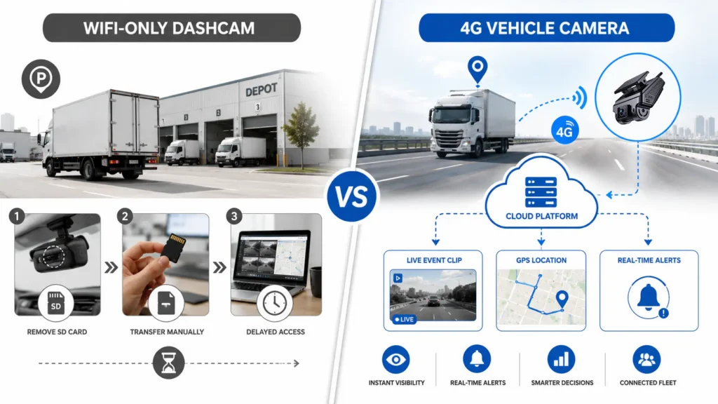 Comparison of a Wi-Fi-only dashcam with a 4G vehicle camera offering cloud access, GPS tracking, live clips, and real-time alerts