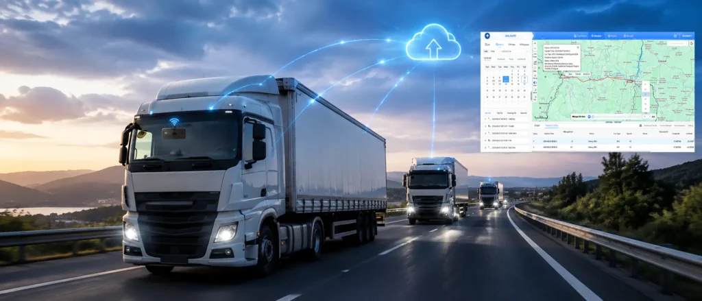 Three freight trucks on a highway with cloud-connected fleet tracking and route-monitoring software overlaid