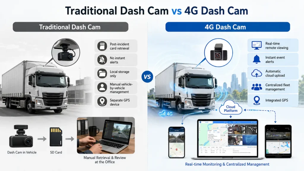Comparison infographic showing traditional dash cams requiring SD card retrieval and manual review versus 4G dash cams offering real-time monitoring, alerts, cloud uploads, GPS, and centralized fleet management