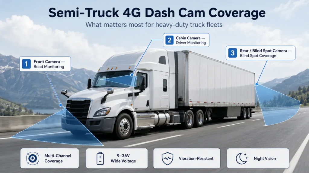 Infographic showing semi-truck 4G dash cam coverage: front road, cabin driver, and rear/blind-spot cameras, plus night vision