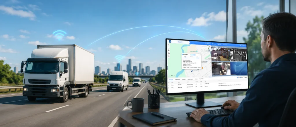 Fleet manager monitors trucks on a highway using a GPS and vehicle camera dashboard