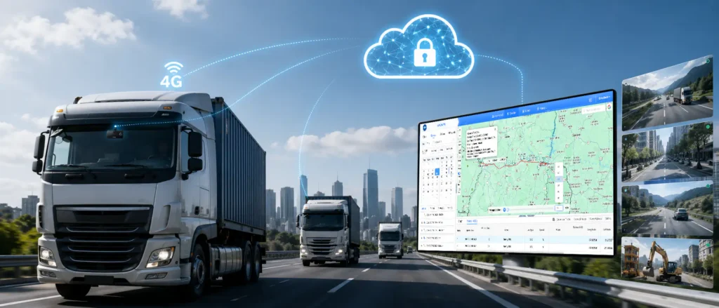 Connected truck fleet monitored through 4G, cloud security, GPS mapping, and route cameras