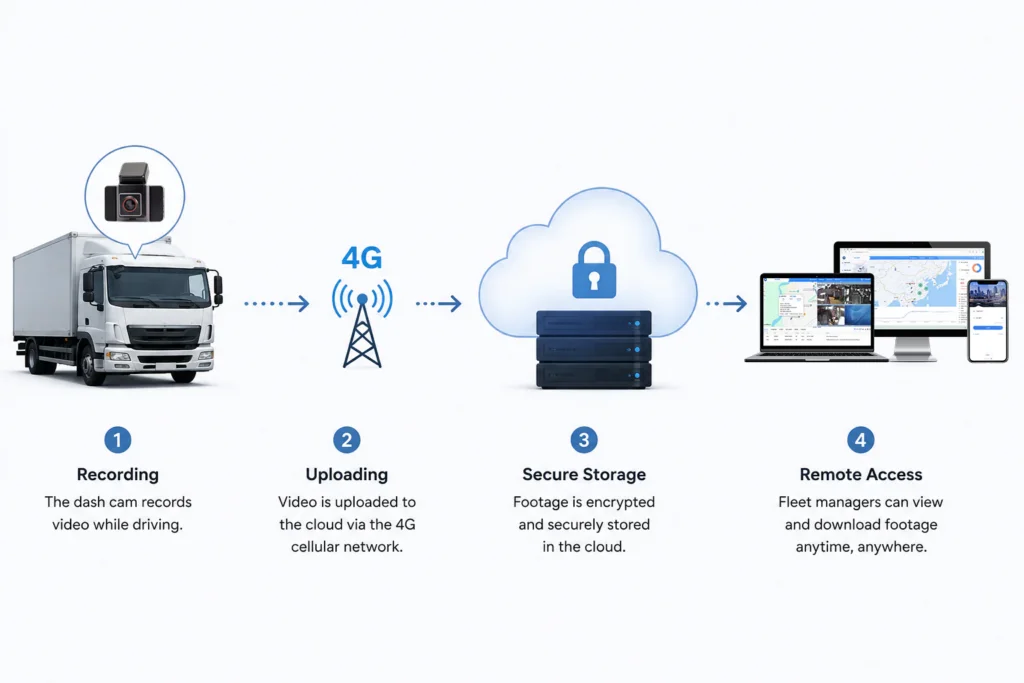Infographic: Truck dash-cam footage is recorded, uploaded via 4G, securely stored in the cloud, and accessed remotely