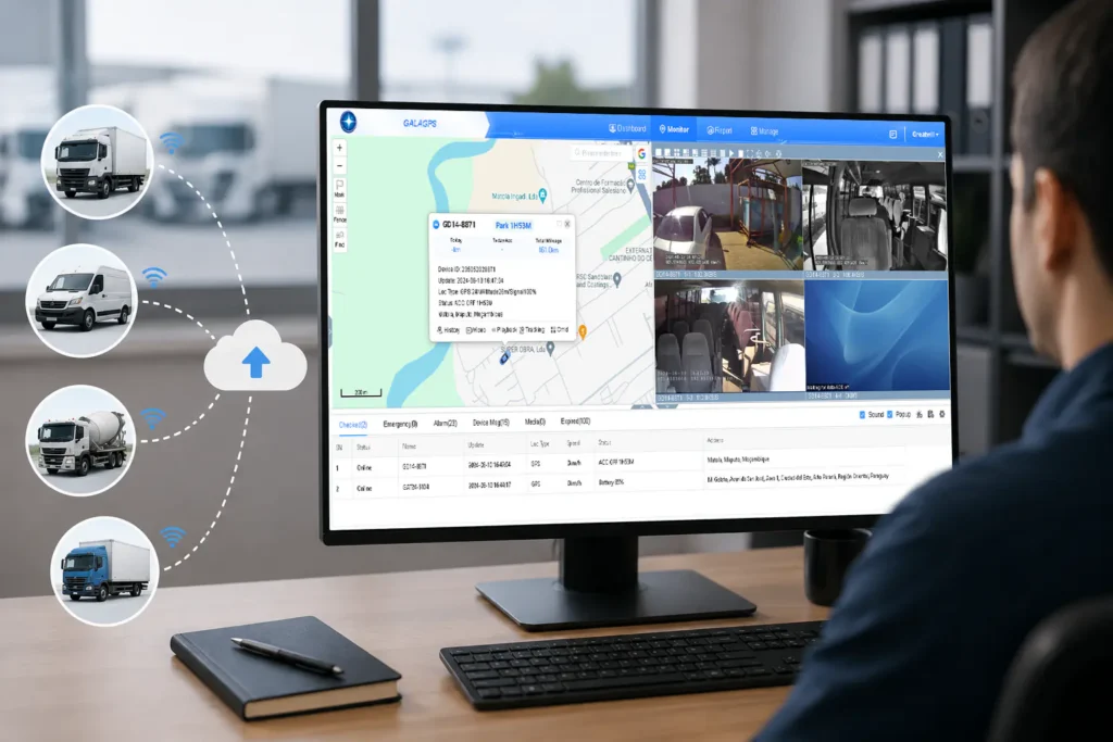 Fleet tracking dashboard showing vehicle locations, live camera feeds, and connected trucks uploading data to the cloud