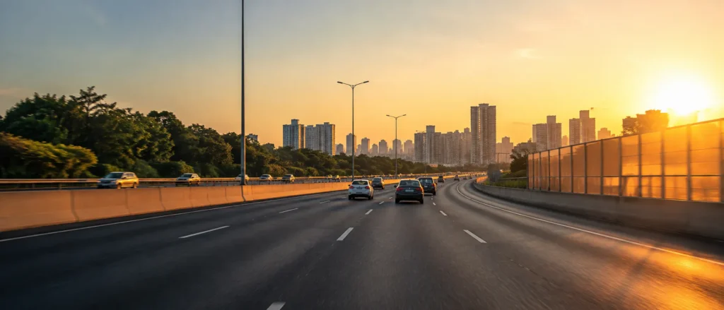 Multi-lane highway with traffic leading toward a high-rise city skyline at sunset