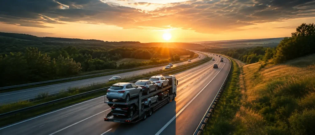 Car carrier truck transporting several cars on a highway at sunset