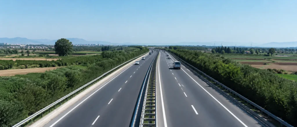 Divided highway with cars crossing green agricultural fields toward distant mountains