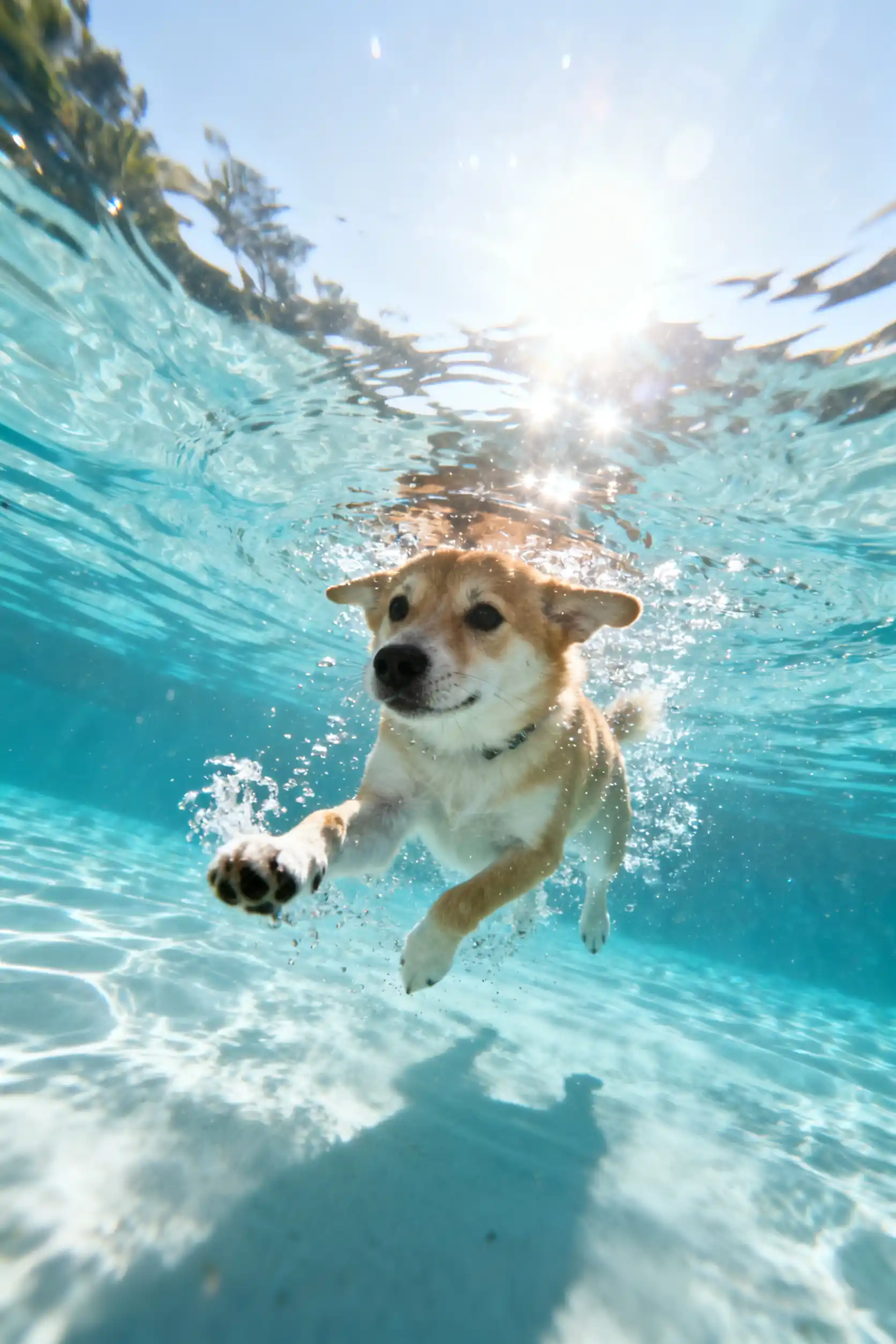 A dog swims underwater toward the camera in a sunlit pool