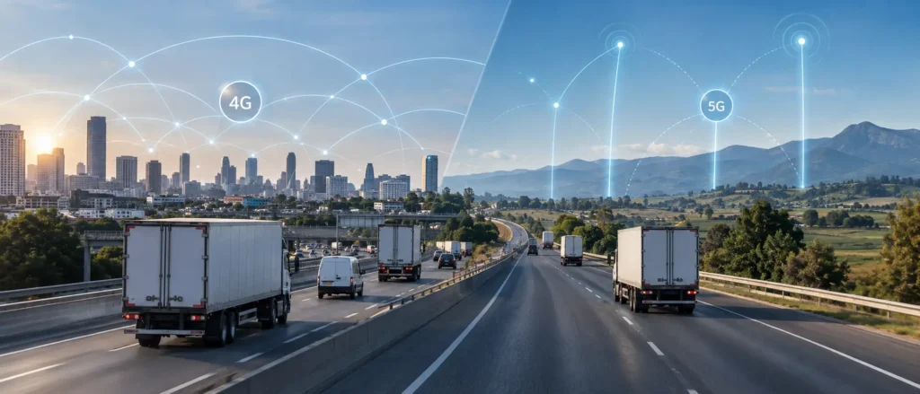 A highway linking a city under a 4G network and rural mountains under a 5G network