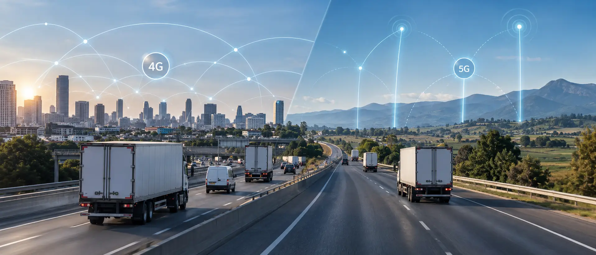 A highway linking a city under a 4G network and rural mountains under a 5G network