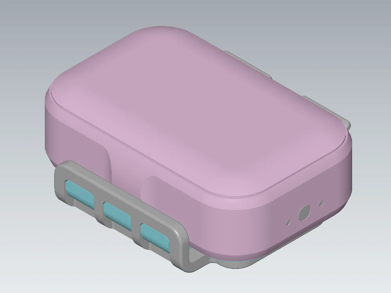 Pink rectangular case with rounded corners, three turquoise side buttons, and circular ports on the front