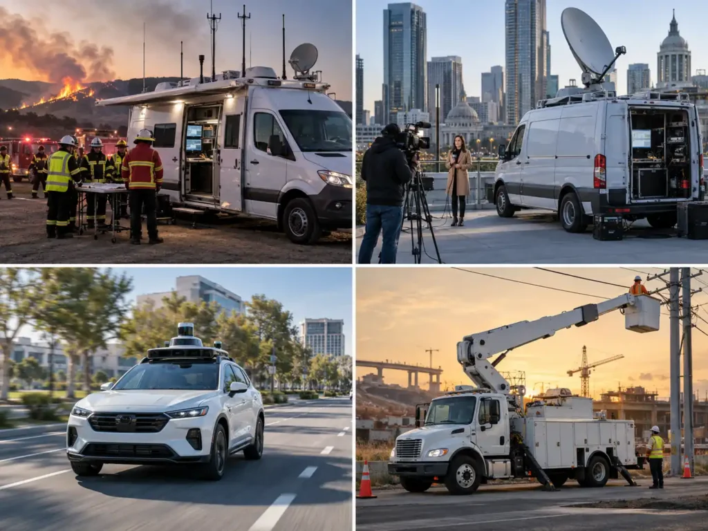 Collage of specialized vehicles: emergency broadcast vans, a sensor-equipped car, and a utility bucket truck