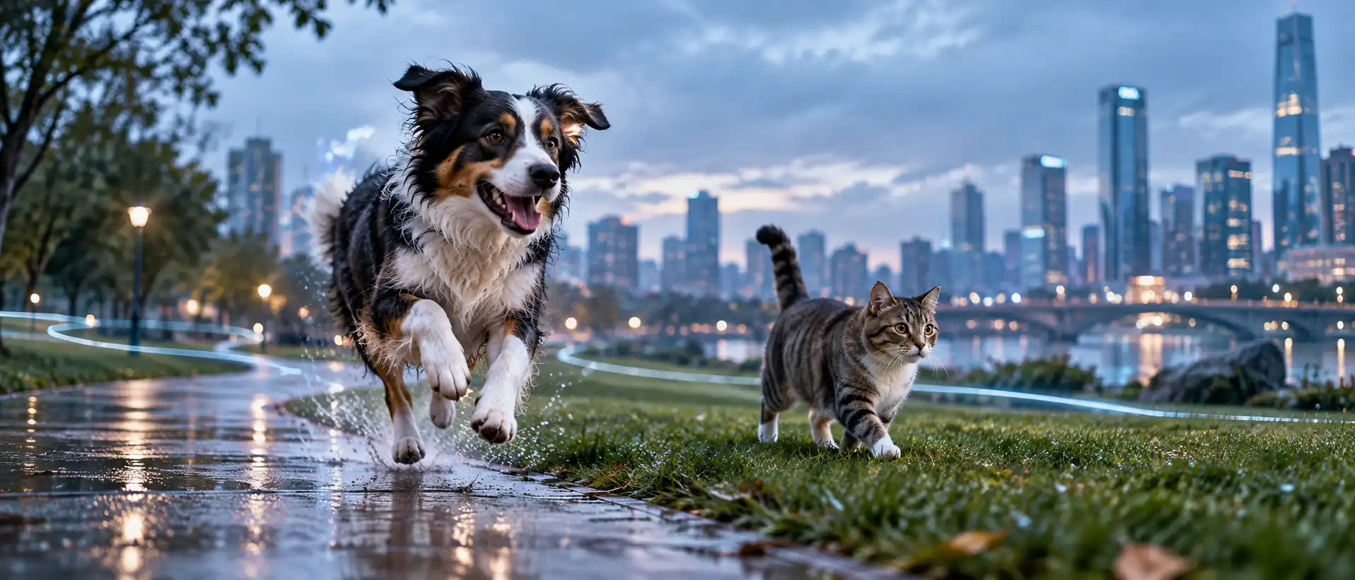 A dog splashes along a wet park path beside a cat, with a city skyline in the background