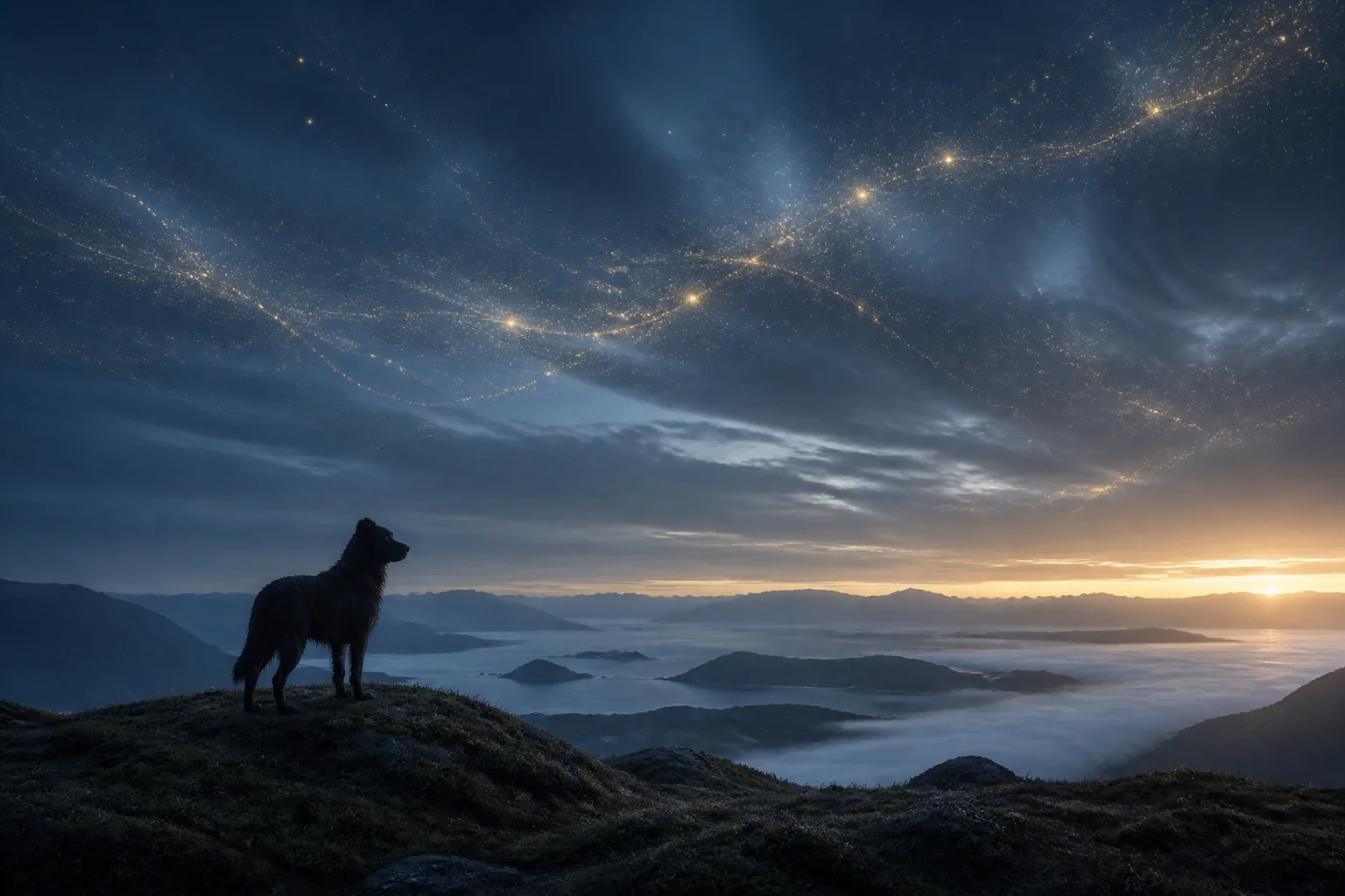 A silhouetted dog stands on a mountain ridge above a cloud-filled valley at dawn beneath a starry sky