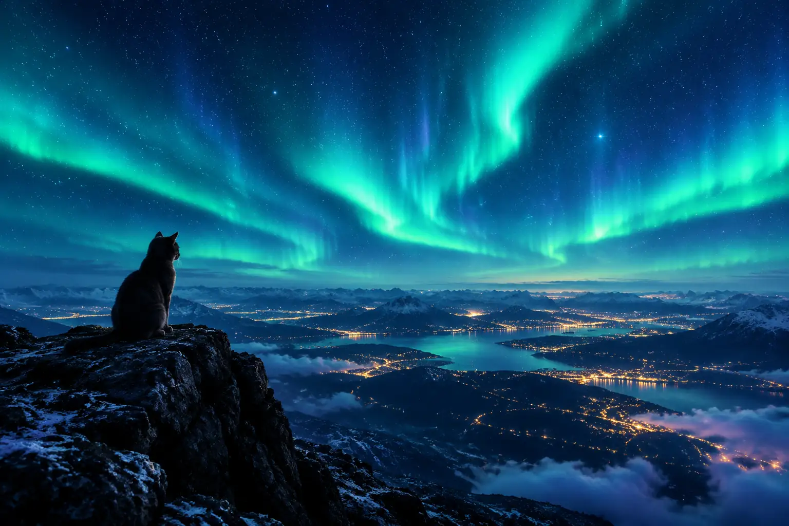 A cat sits on a snowy cliff overlooking a town beneath a brilliant green aurora and starry sky